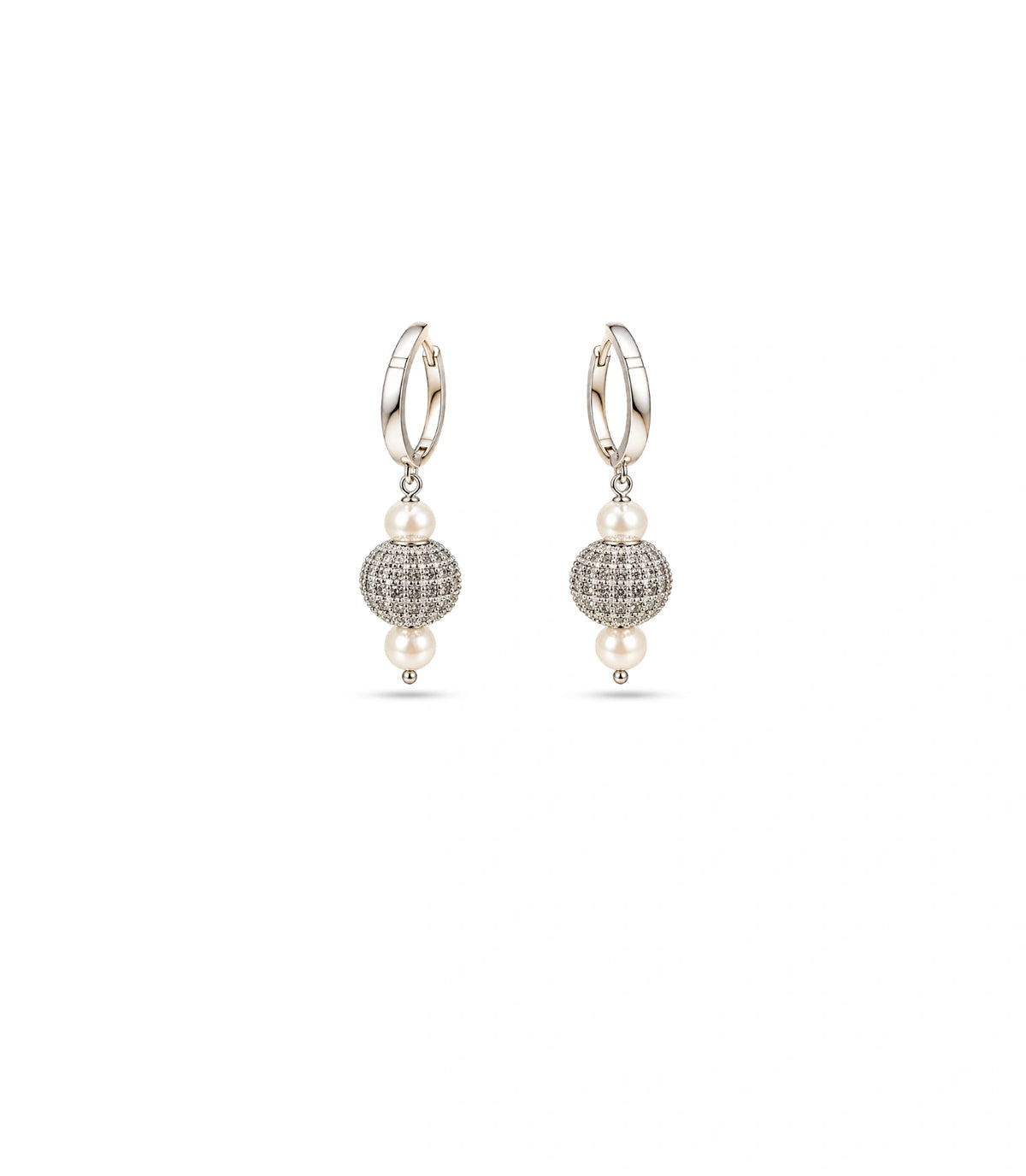 Rhodium Plated Dual Pearl Huggie Hoop Earrings