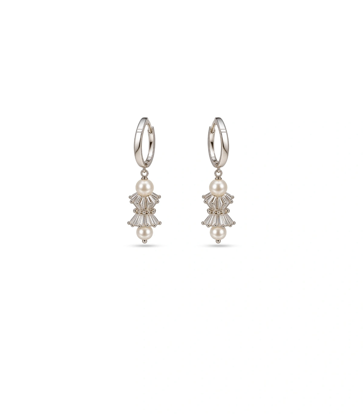 Rhodium Plated Lantern & Dual Pearl Hoop Earrings