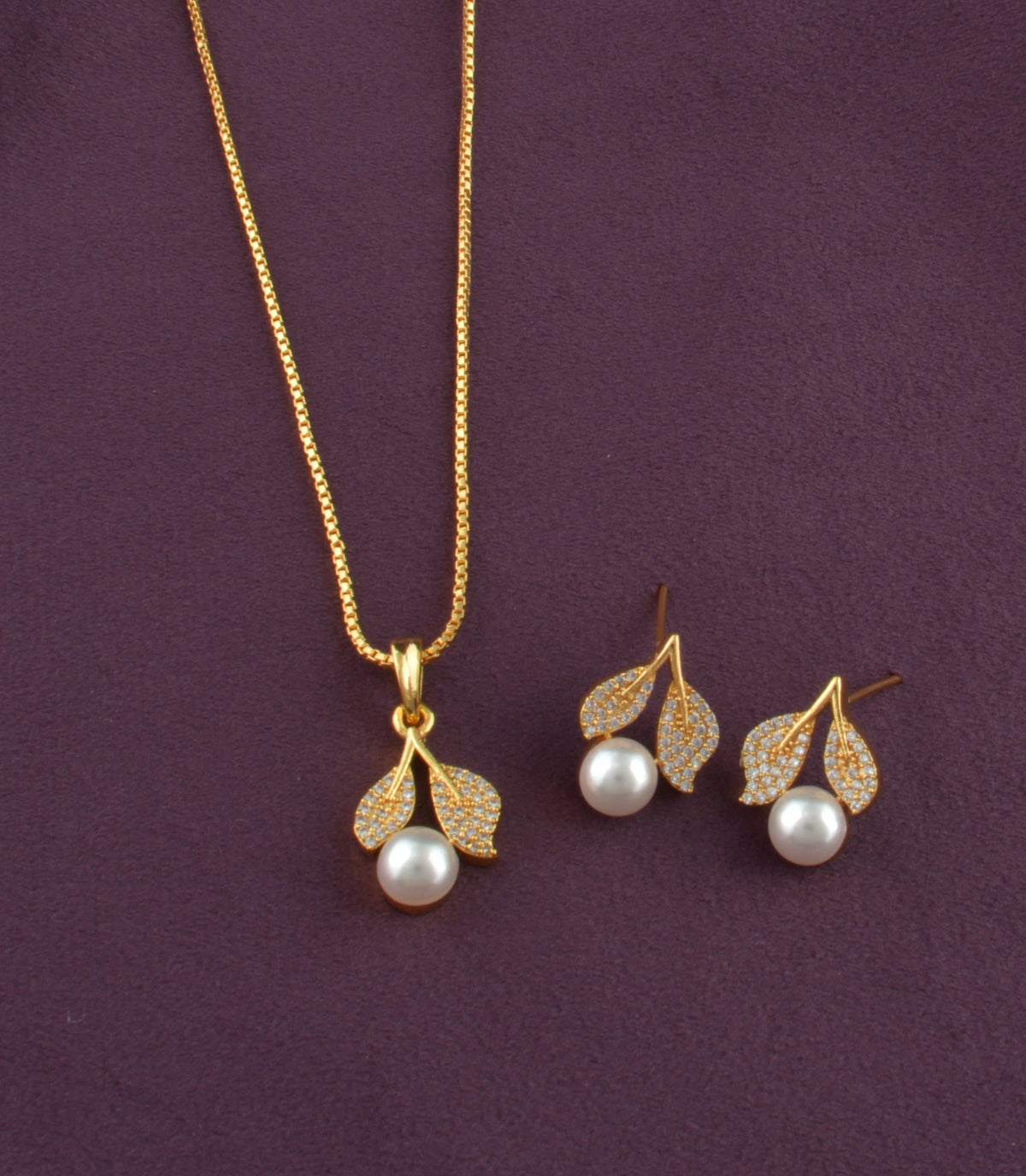 Gold Plated Delicate Pearl CZ Chain Pendant Set
