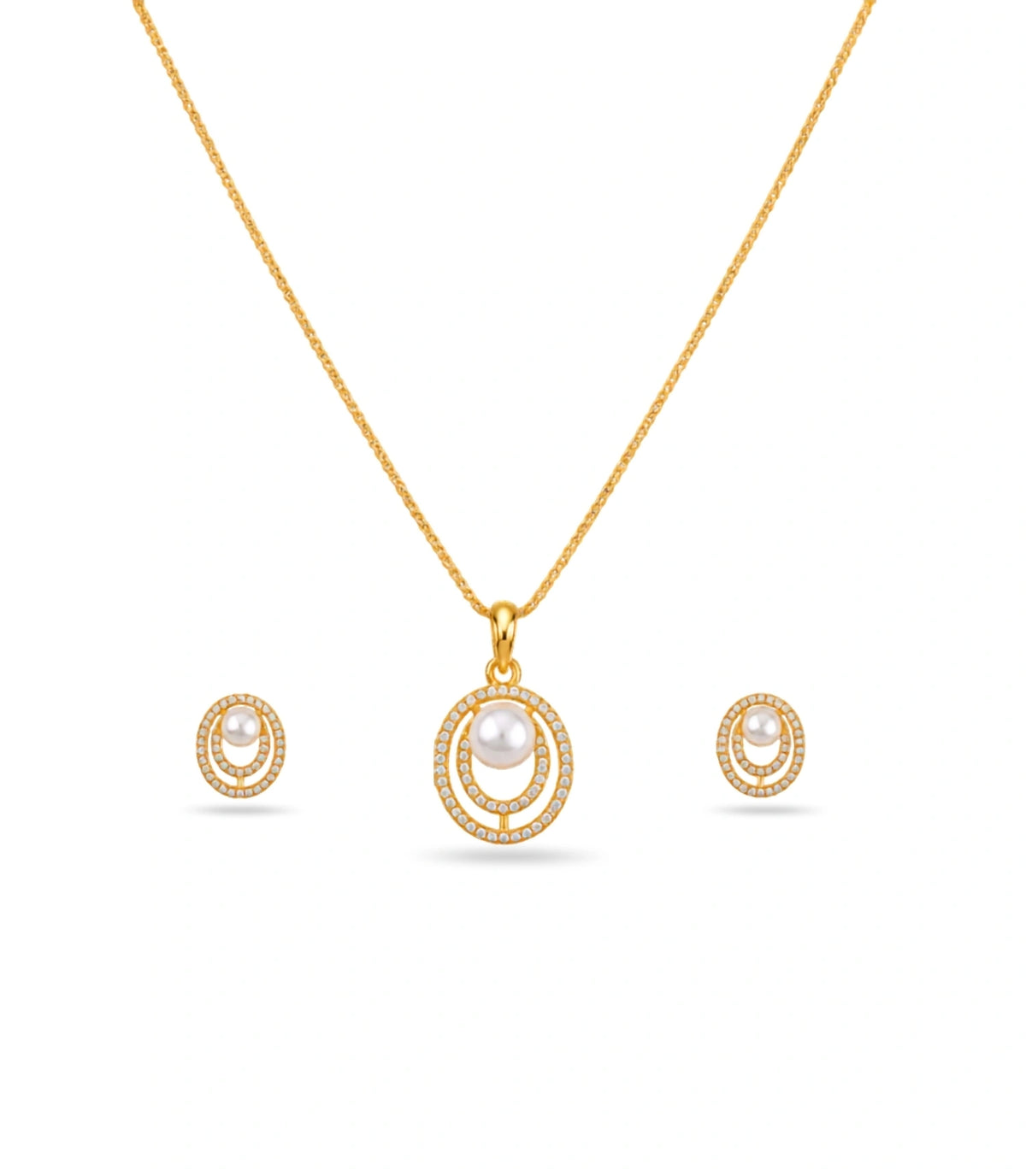 Gold Plated Sleek Pearl Chain Pendant Set