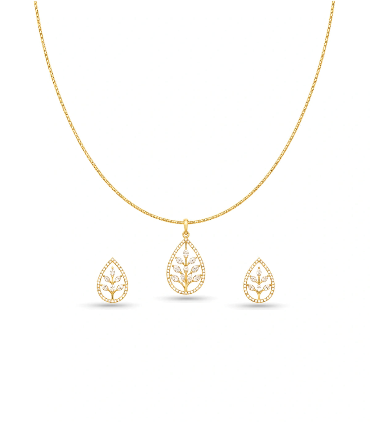 Gold Plated Delicate Leaves CZ Chain Pendant Set