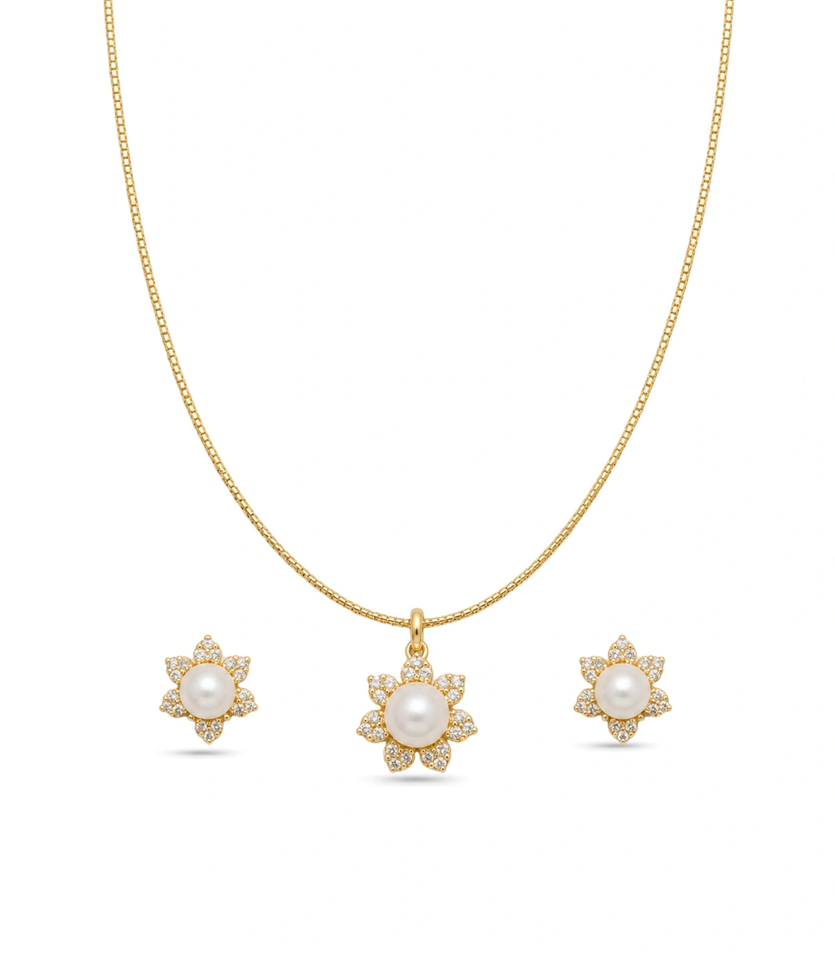 Gold Plated Delicate Pearl Bloom CZ Chain Pendant Set