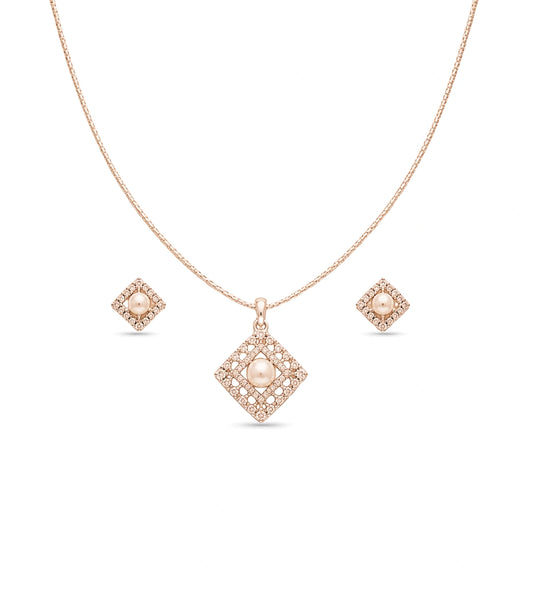 Rose Gold Plated Delicate Pearl Square CZ Chain Pendant Set