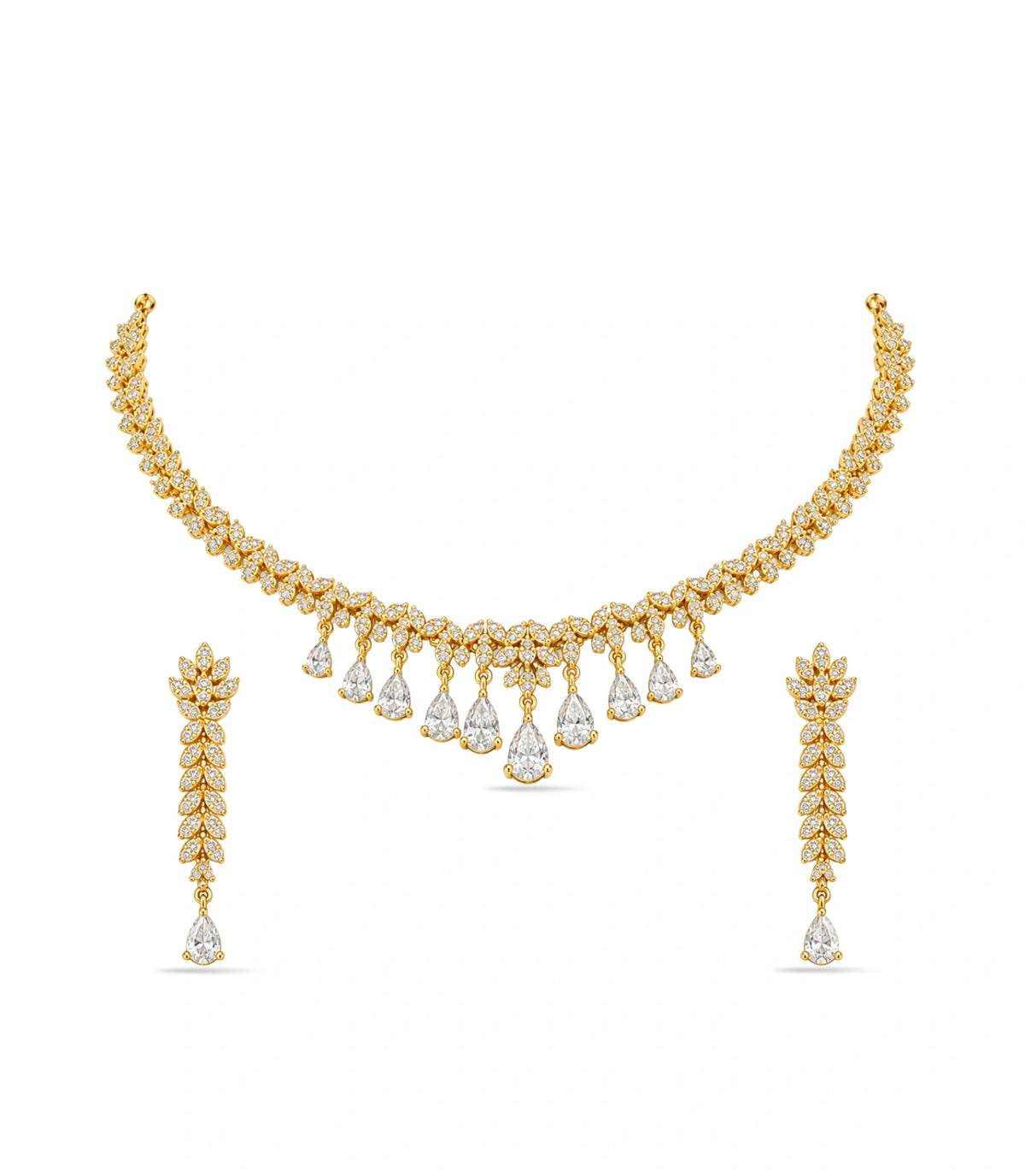 Gold Plated Sparkling Leaf AD Necklace Set