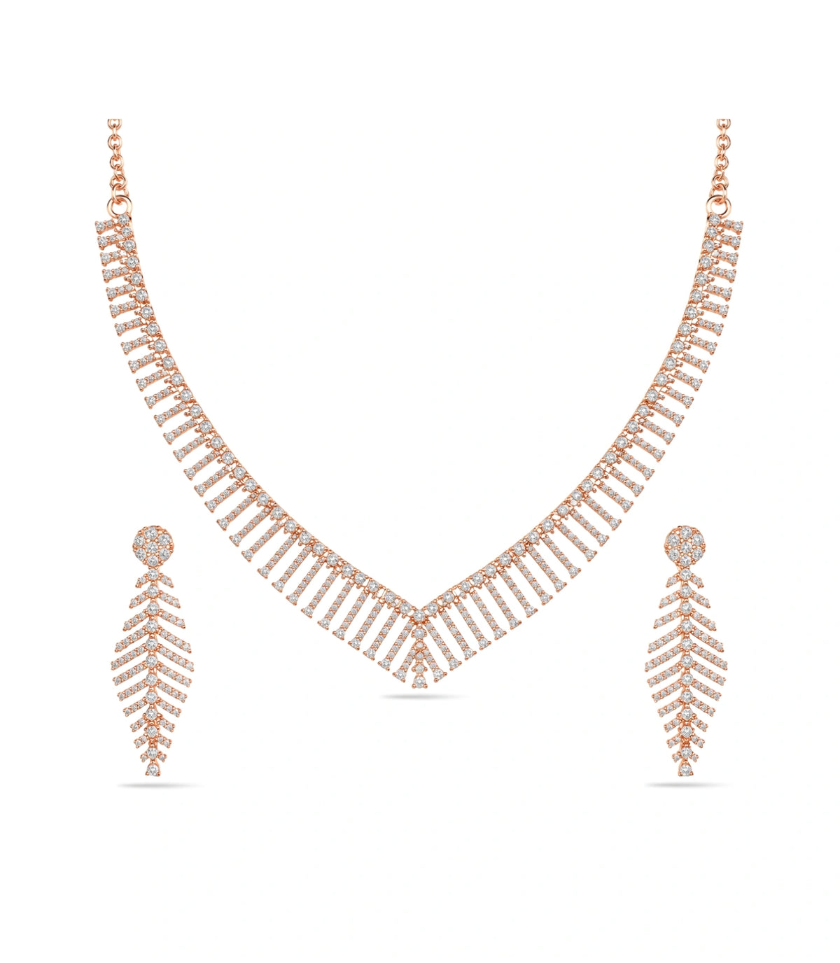 Rose Gold Plated Chevron Feather AD Necklace Set