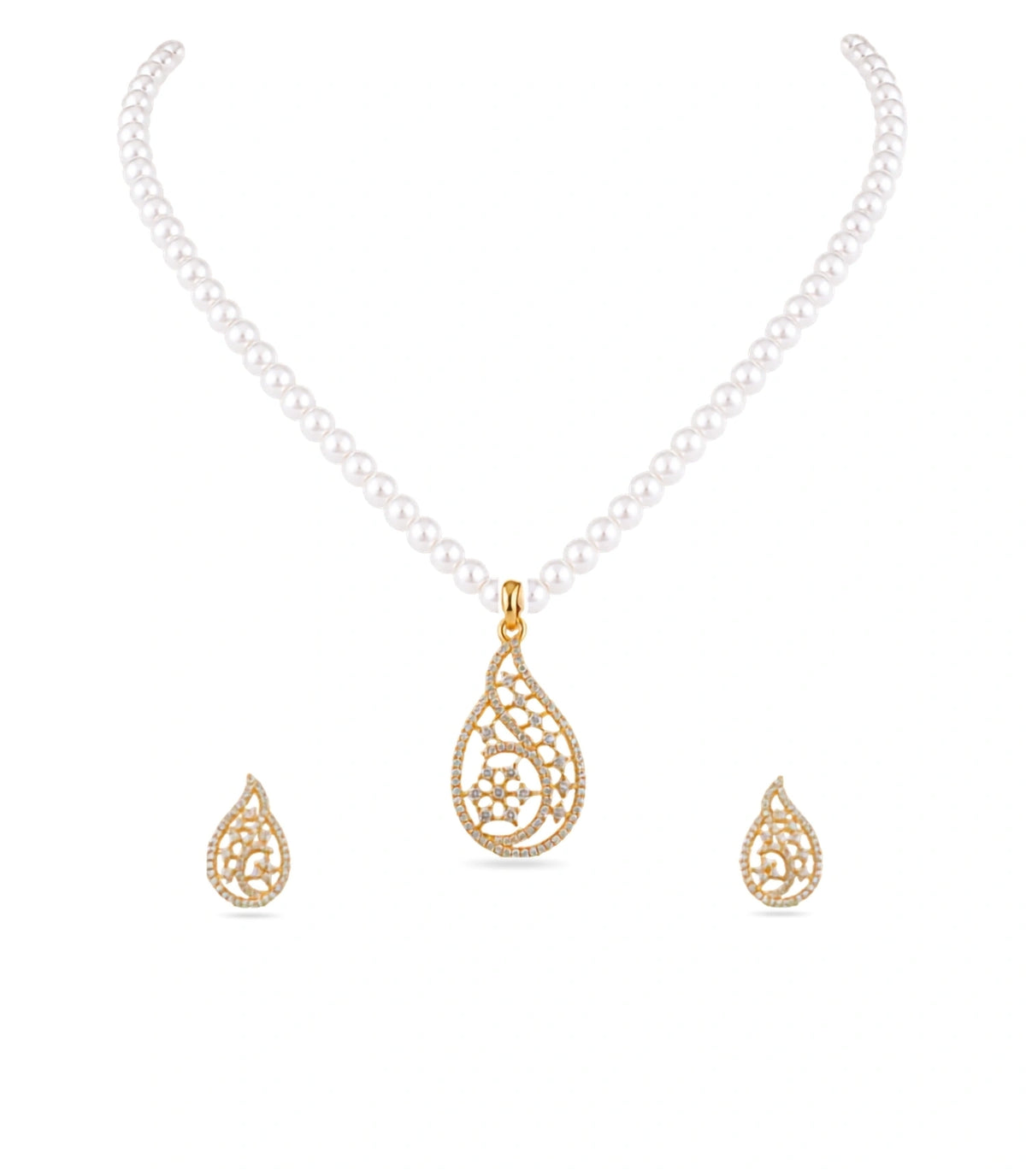 Gold Plated Paisley Single Strand Pearl Necklace Set