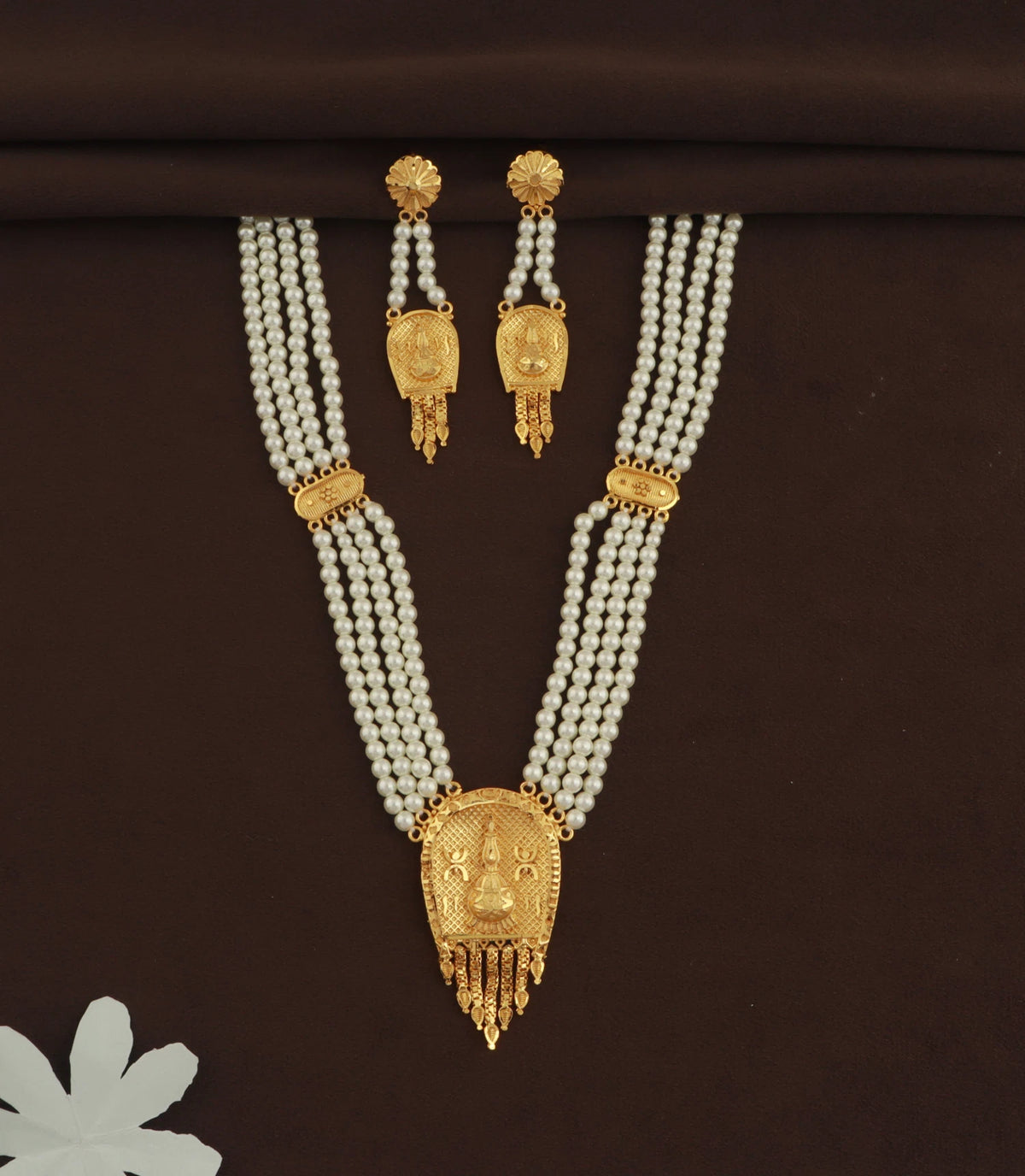Gold Plated Swastik Motif Pearl Necklace Set