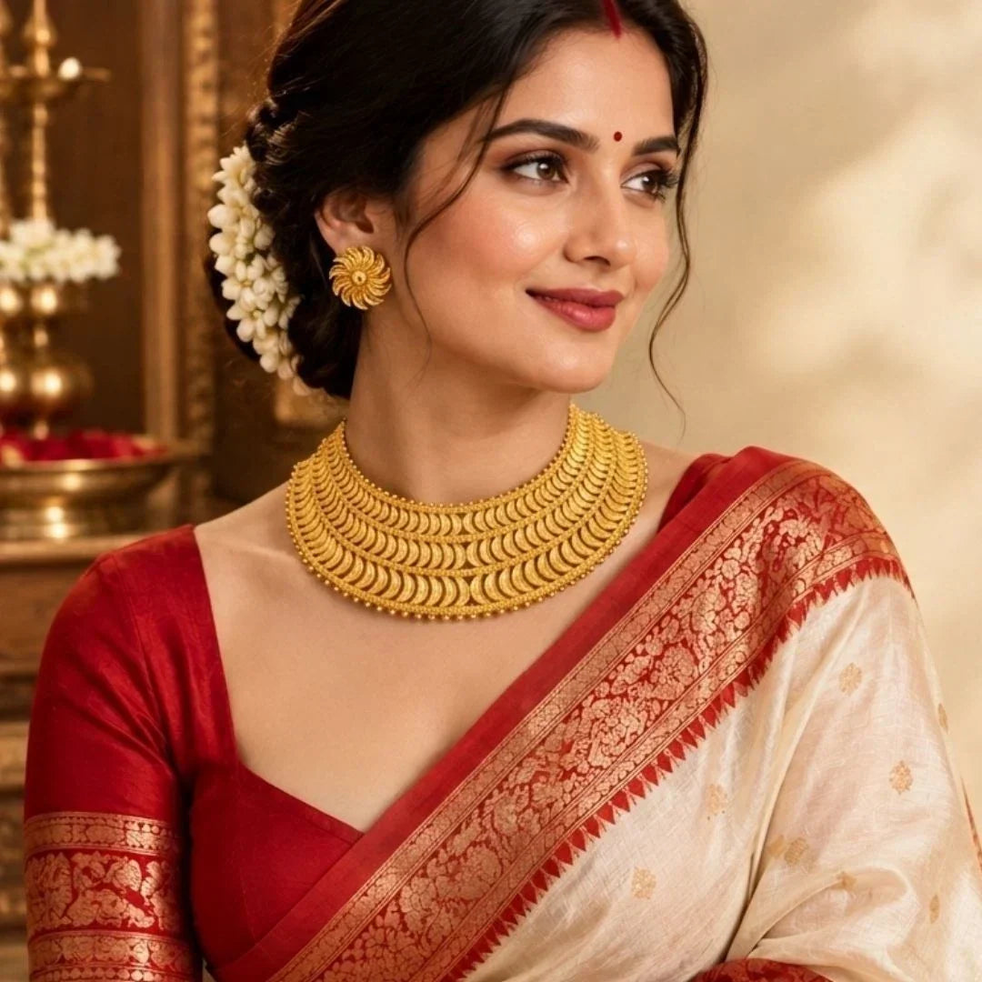 How to Style Gold Plated Jewellery with a Classic Red & White Saree?