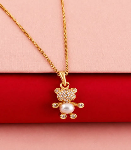 Gold Plated Teddy Bear Pearl and AD Chain Pendant