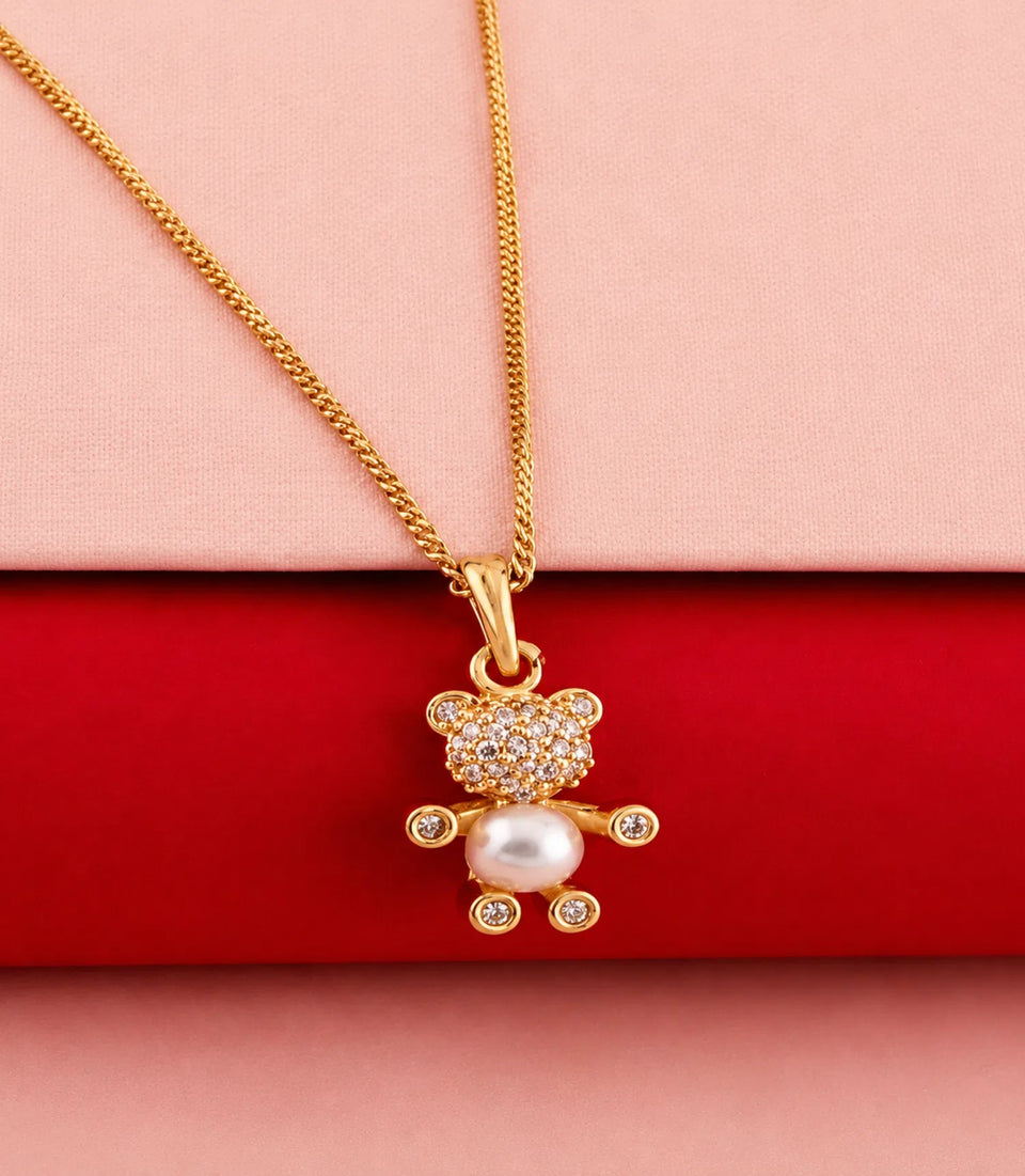 Gold Plated Teddy Bear Pearl and AD Chain Pendant