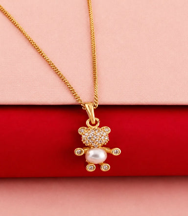 Gold Plated Teddy Bear Pearl and AD Chain Pendant