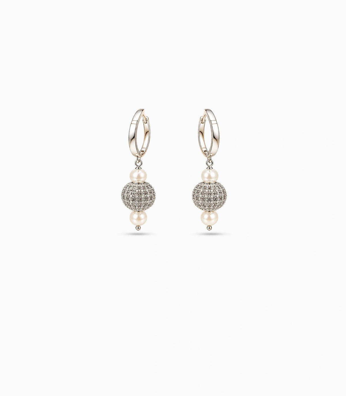 Rhodium Plated Dual Pearl Huggie Hoop Earrings