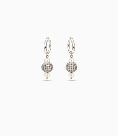 Rhodium Plated Dual Pearl Huggie Hoop Earrings