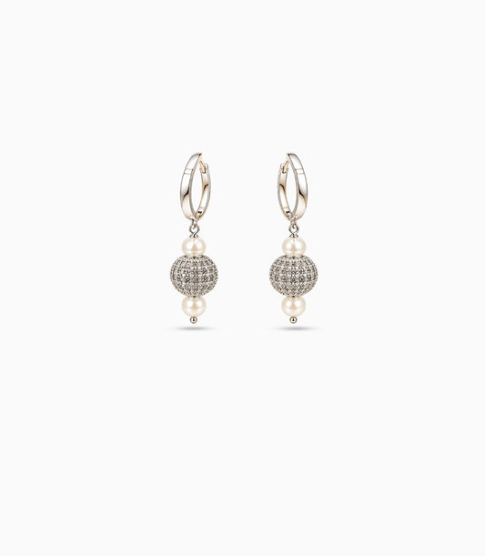 Rhodium Plated Dual Pearl Huggie Hoop Earrings