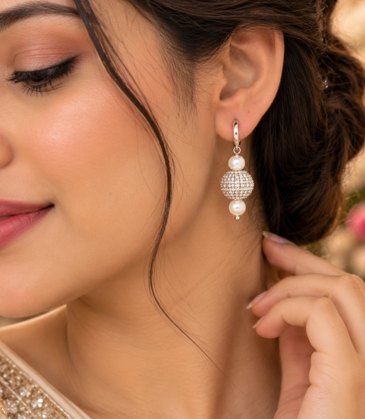 Rhodium Plated Dual Pearl Huggie Hoop Earrings