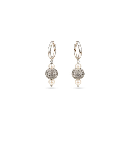 Rhodium Plated Dual Pearl Huggie Hoop Earrings