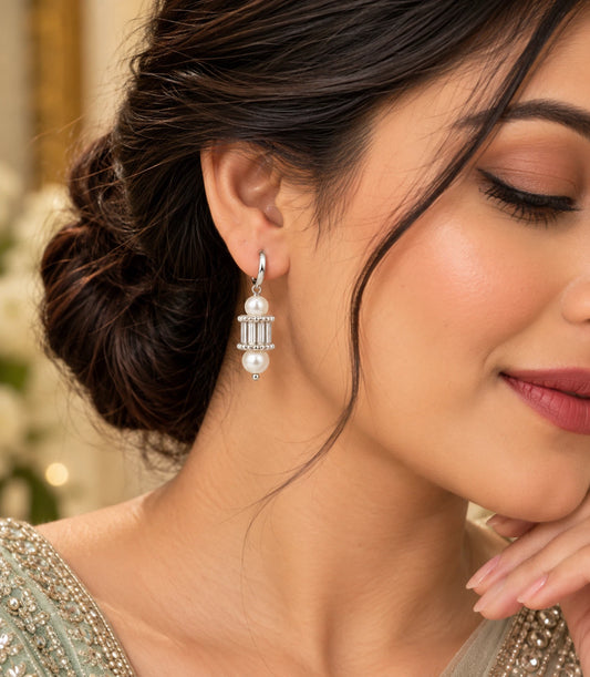 Rhodium Plated Crystal Drum & Pearl Hoop Earrings