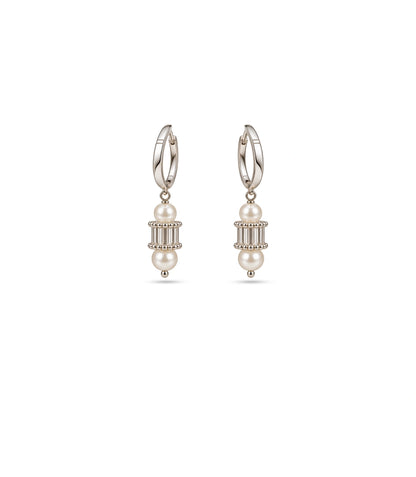Rhodium Plated Crystal Drum & Pearl Hoop Earrings