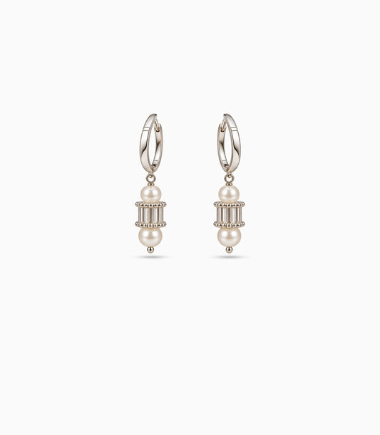 Rhodium Plated Crystal Drum & Pearl Hoop Earrings