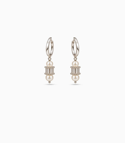 Rhodium Plated Crystal Drum & Pearl Hoop Earrings