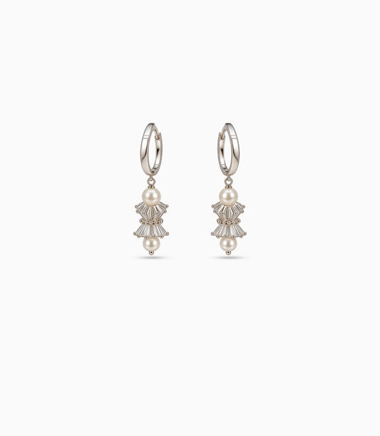 Rhodium Plated Lantern & Dual Pearl Hoop Earrings