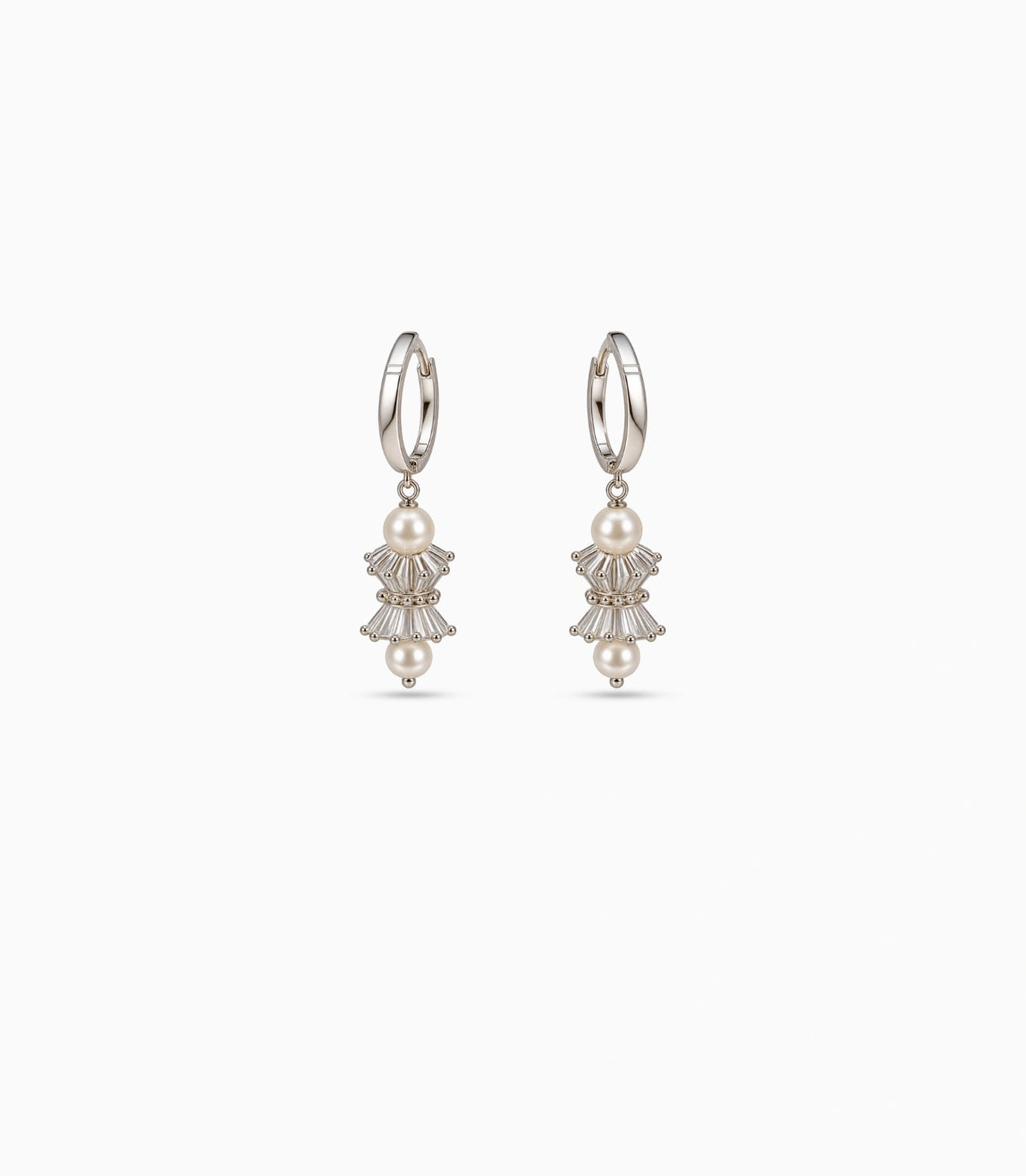 Rhodium Plated Lantern & Dual Pearl Hoop Earrings