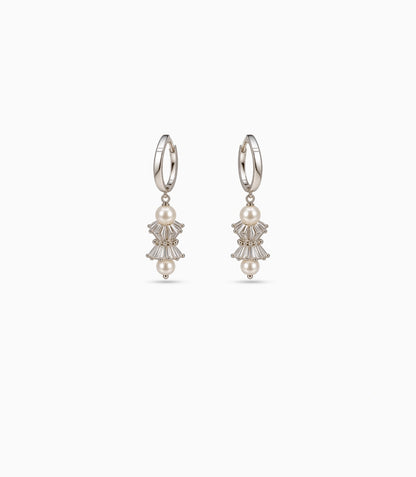 Rhodium Plated Lantern & Dual Pearl Hoop Earrings