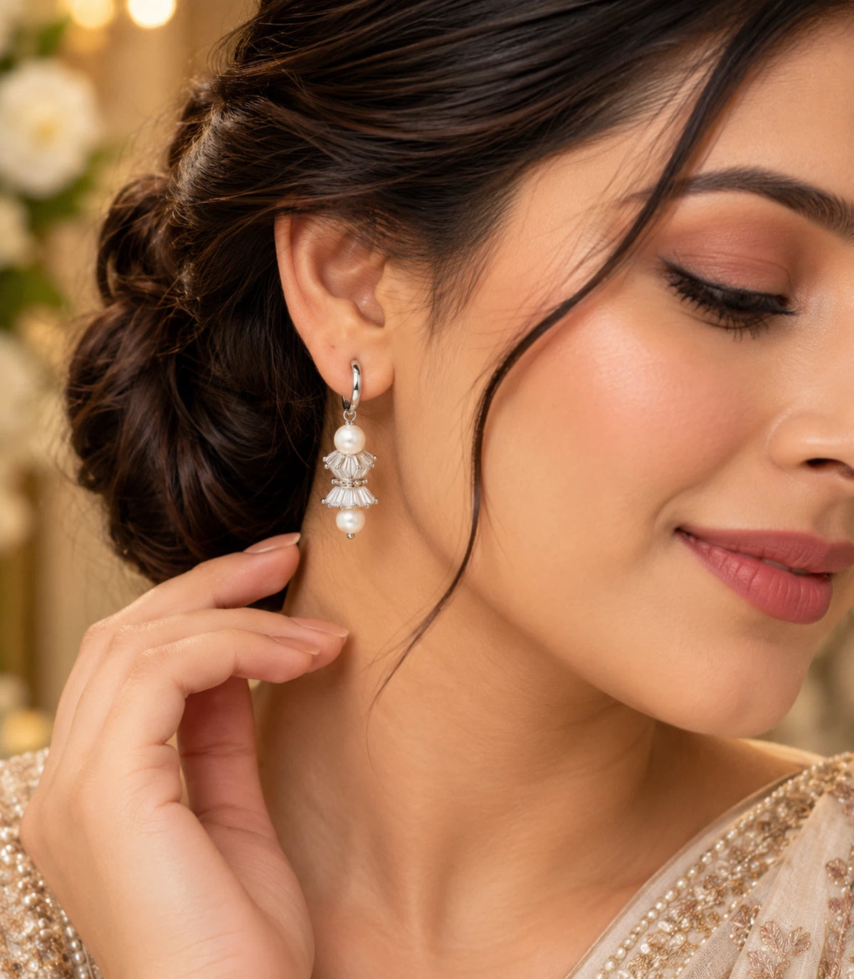 Rhodium Plated Lantern & Dual Pearl Hoop Earrings