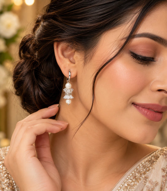 Rhodium Plated Lantern & Dual Pearl Hoop Earrings