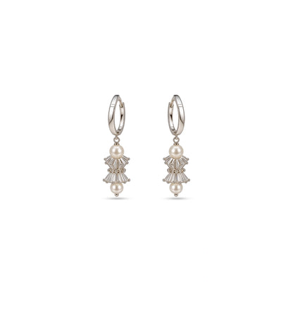 Rhodium Plated Lantern & Dual Pearl Hoop Earrings