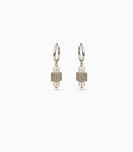 Rhodium Plated Cube Lantern & Dual Pearl Hoop Earrings