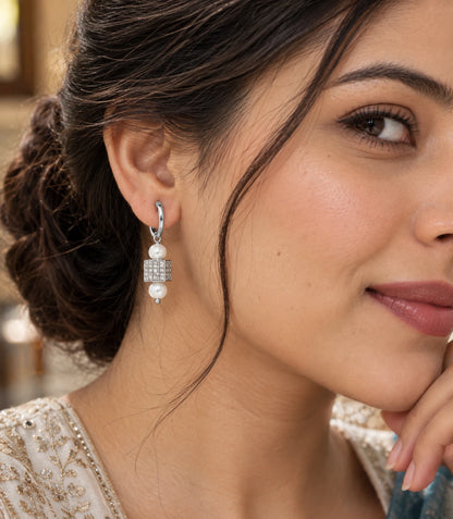 Rhodium Plated Cube Lantern & Dual Pearl Hoop Earrings