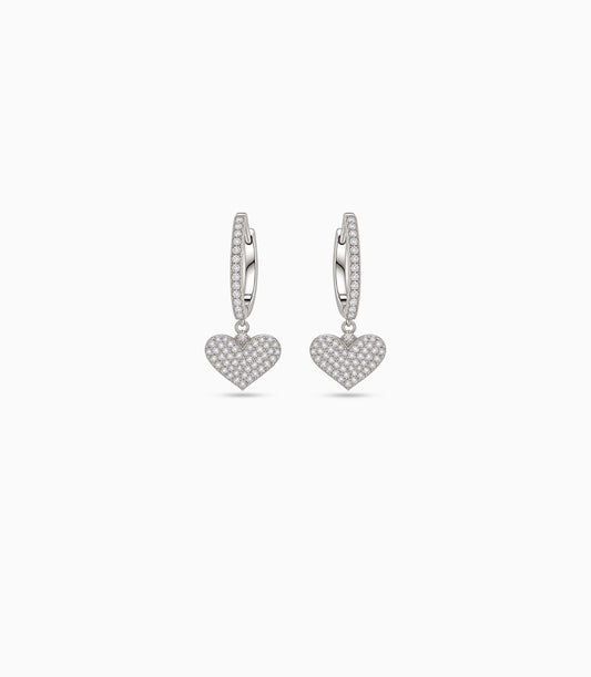 Rhodium Plated Heart-Shaped Drop Hoop Earrings