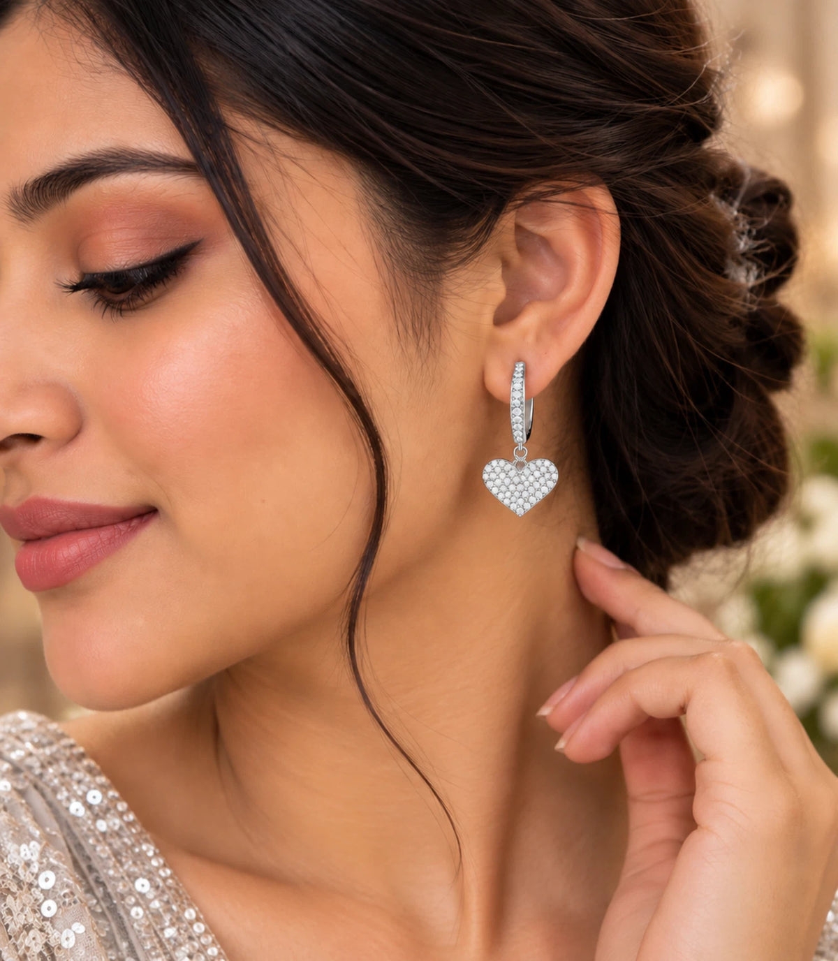 Rhodium Plated Heart-Shaped Drop Hoop Earrings