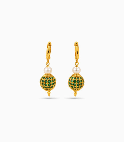 Gold Plated Green AD Globe & Pearl Hoop Earrings