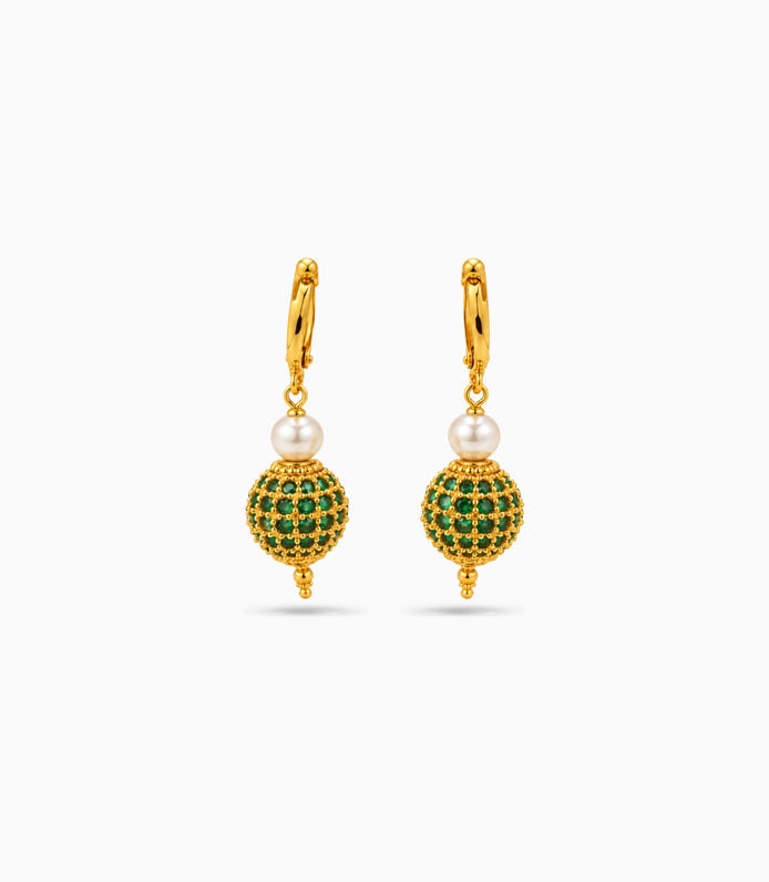 Gold Plated Green AD Globe & Pearl Hoop Earrings