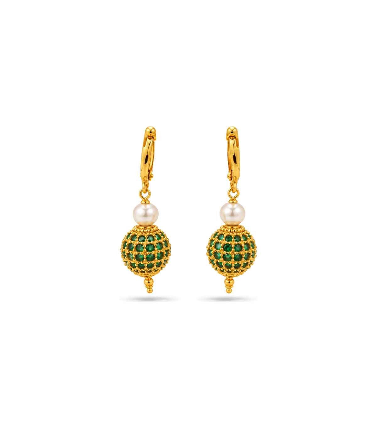 Gold Plated Green AD Globe & Pearl Hoop Earrings