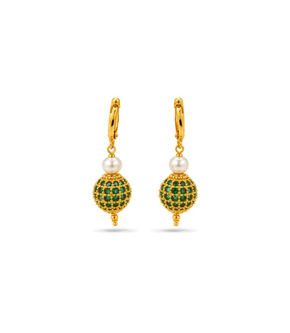Gold Plated Green AD Globe & Pearl Hoop Earrings