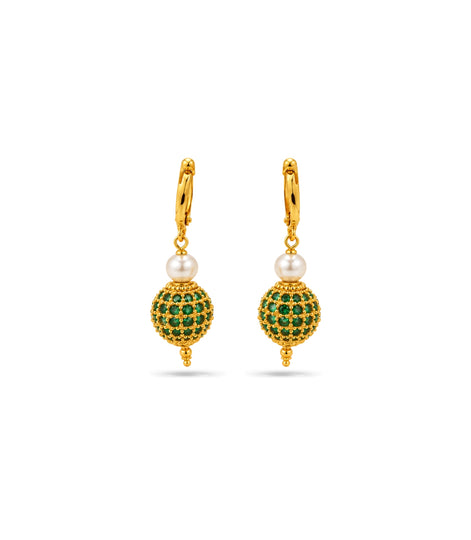 Gold Plated Green AD Globe & Pearl Hoop Earrings
