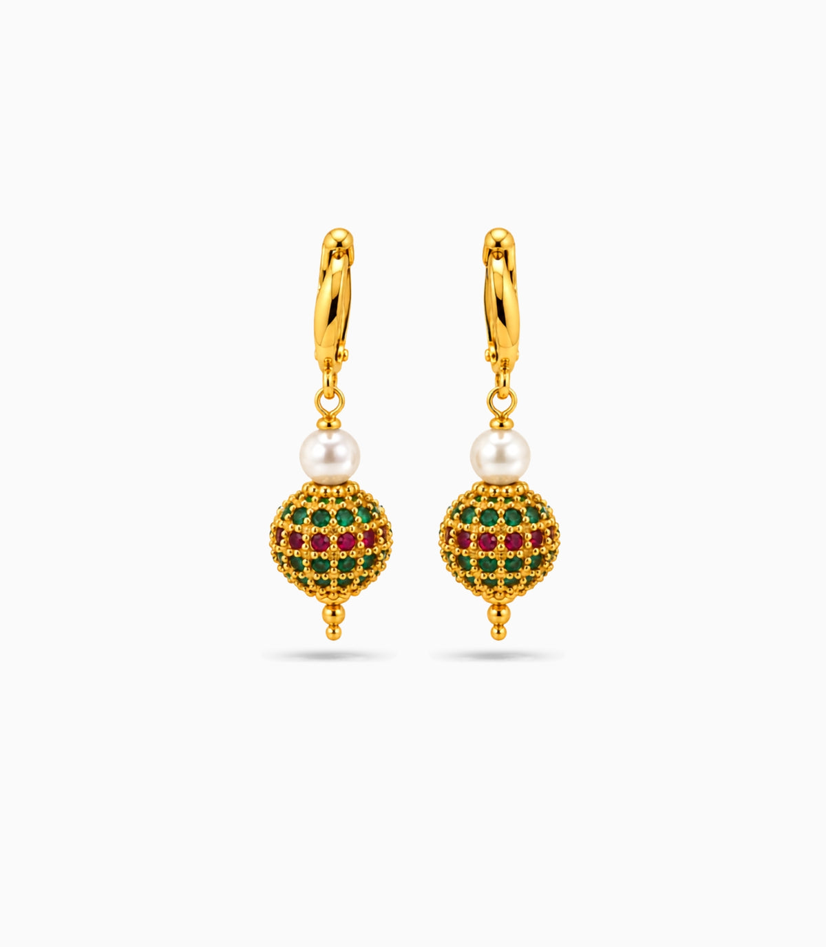 Gold Plated Multi AD Globe & Pearl Hoop Earrings