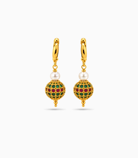 Gold Plated Multi AD Globe & Pearl Hoop Earrings