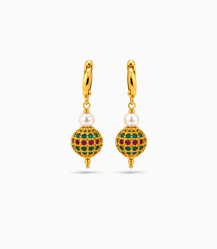 Gold Plated Multi AD Globe & Pearl Hoop Earrings