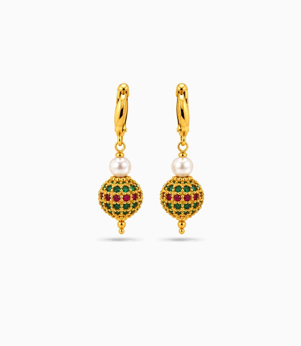 Gold Plated Multi AD Globe & Pearl Hoop Earrings
