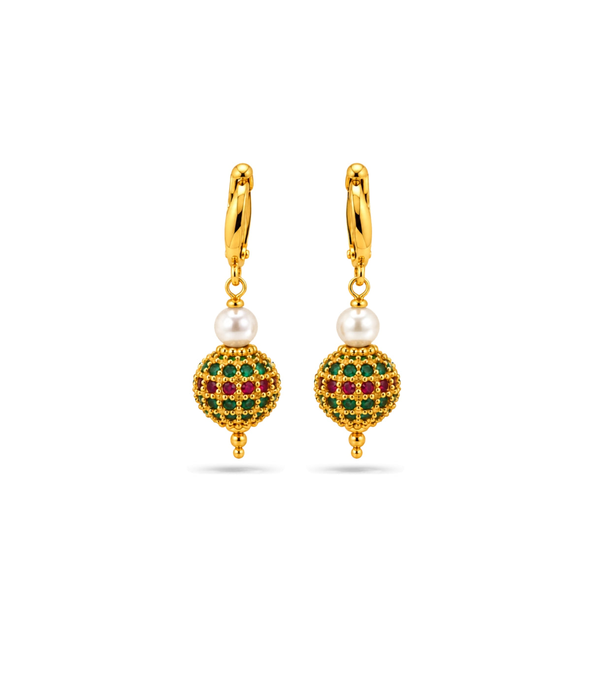 Gold Plated Multi AD Globe & Pearl Hoop Earrings