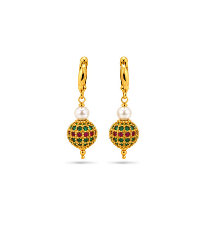 Gold Plated Multi AD Globe & Pearl Hoop Earrings