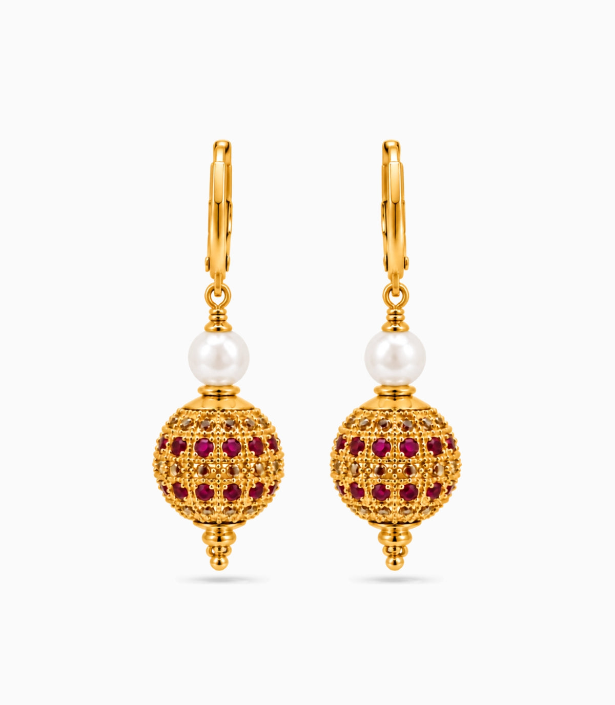 Gold Plated White Red AD & Pearl Hoop Earrings