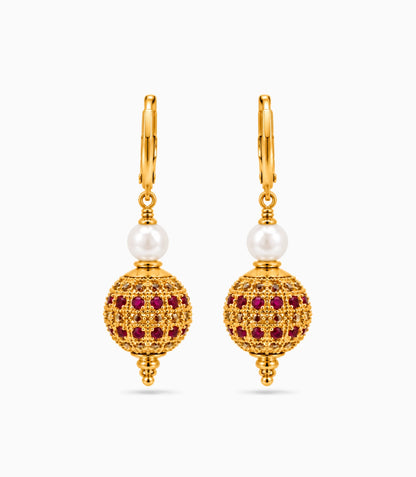 Gold Plated White Red AD & Pearl Hoop Earrings