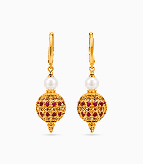 Gold Plated White Red AD & Pearl Hoop Earrings