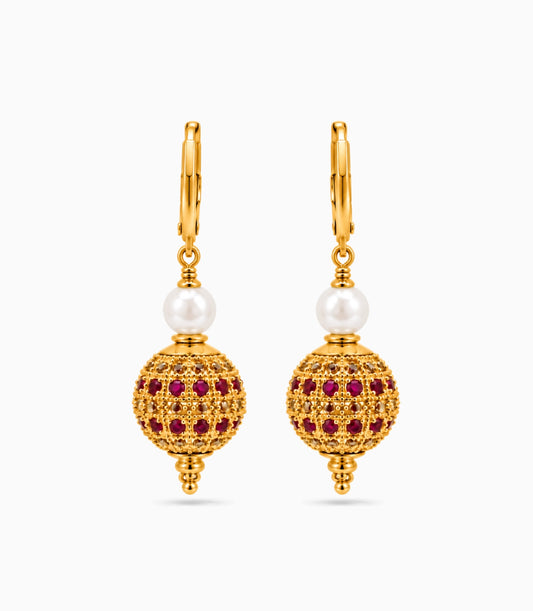 Gold Plated White Red AD & Pearl Hoop Earrings