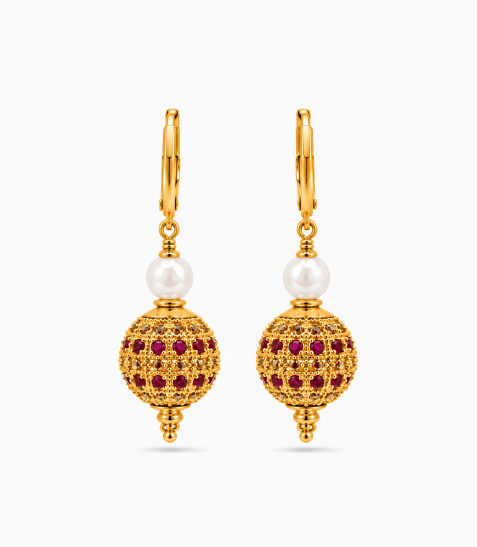 Gold Plated White Red AD & Pearl Hoop Earrings